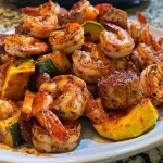 ['Juicy Cajun shrimp with colorful vegetables on a plate.', 'Close-up of seasoned shrimp and sliced veggies ready to eat.', 'A vibrant Air Fryer Cajun shrimp dish featuring shrimp and sausage.', 'Delicious Cajun shrimp dinner with zucchini, squash, and bell pepper.']