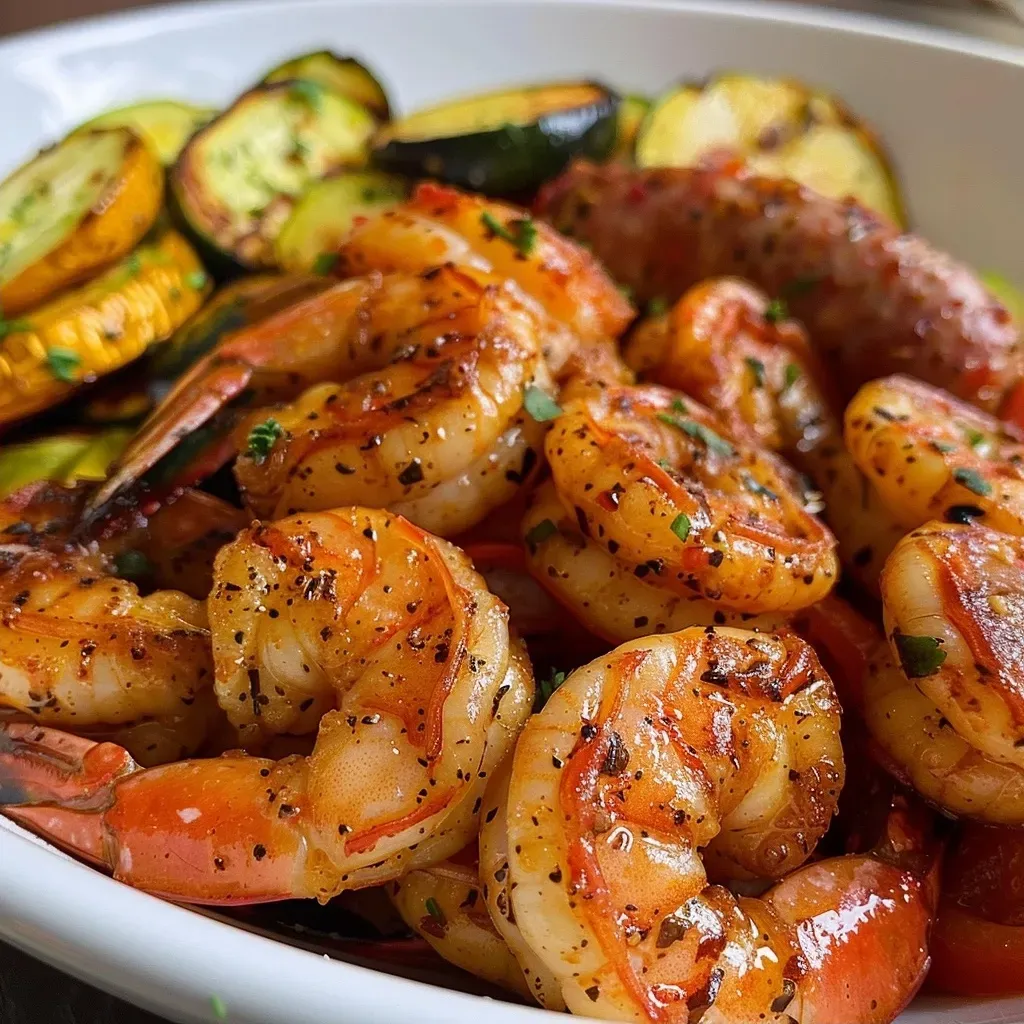 ['Juicy Cajun shrimp with colorful vegetables on a plate.', 'Close-up of seasoned shrimp and sliced veggies ready to eat.', 'A vibrant Air Fryer Cajun shrimp dish featuring shrimp and sausage.', 'Delicious Cajun shrimp dinner with zucchini, squash, and bell pepper.']
