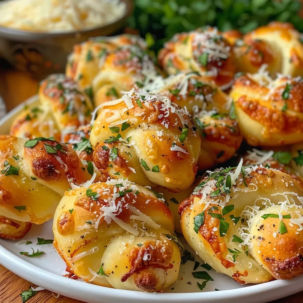 ['Golden-brown Air Fryer Garlic Knots arranged on a white plate.', 'Close-up view of fluffy Air Fryer Garlic Knots garnished with parsley.', 'Juicy Air Fryer Garlic Knots with a sprinkle of grated Parmesan cheese.', 'Air Fryer Garlic Knots with a crispy exterior, served on a rustic wooden table.']