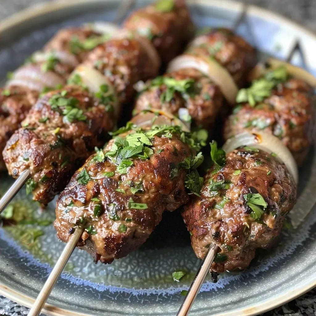 ['Juicy Air Fryer Kofta served with fresh vegetables and flatbreads.', 'Close-up view of Air Fryer Kofta garnished with herbs and yogurt sauce.', 'Delicious Air Fryer Kofta on a plate with cucumber and tomato slices.', 'Side view of Air Fryer Kofta with shredded lettuce and red onion.']