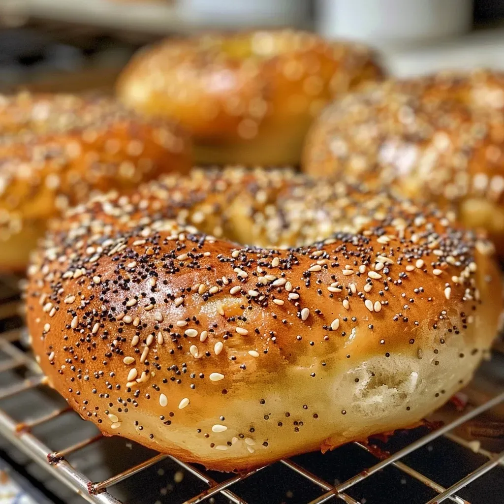 ['Close-up view of golden brown air fryer protein bagels topped with sesame seeds.', 'Side angle of fluffy air fryer protein bagels garnished with poppy seeds and everything seasoning.', 'Detailed image of sliced air fryer protein bagels showcasing their soft texture and toppings.', 'Close-up perspective of protein bagels freshly made in an air fryer, displaying a crispy exterior.']