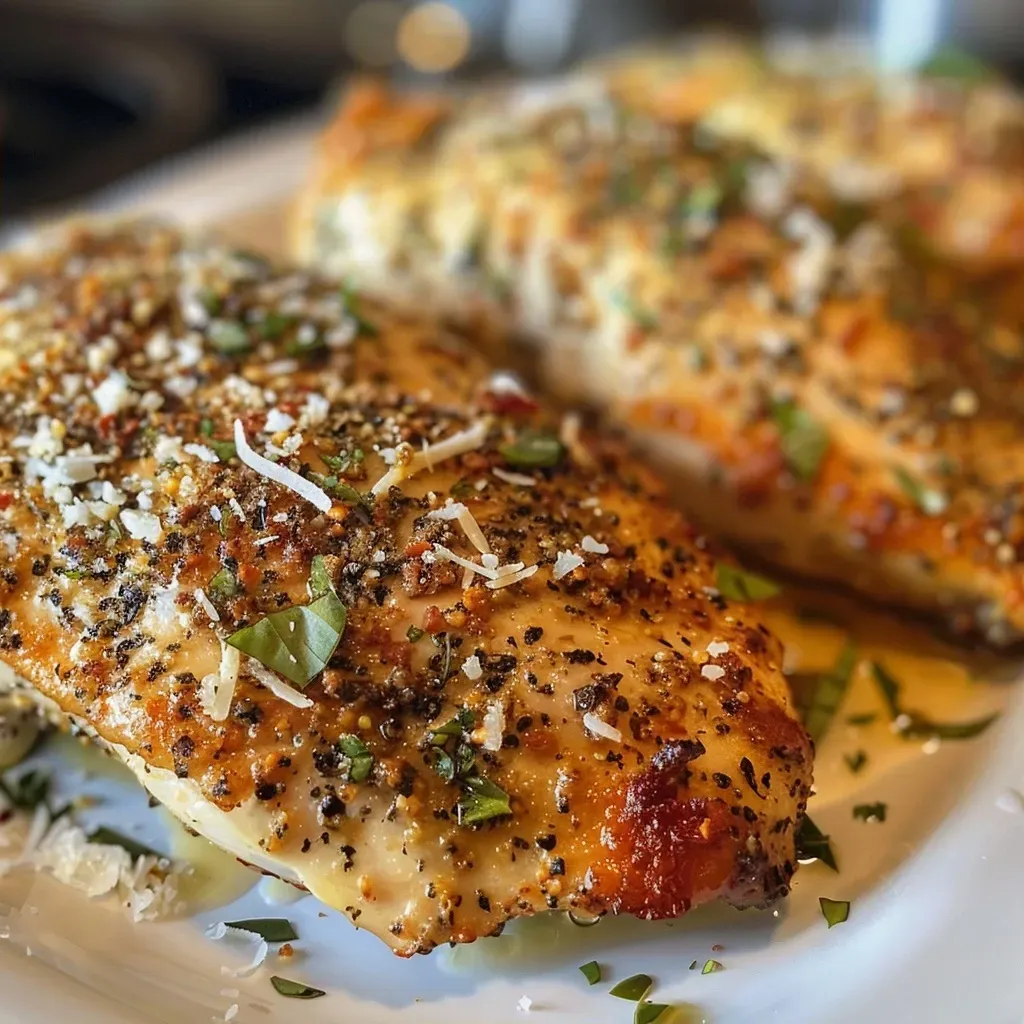 ['Juicy Air Fryer Ranch Chicken with a golden-brown crust.', 'Close-up view of seasoned chicken breasts in an air fryer.', 'Succulent Air Fryer Ranch Chicken garnished with herbs.', 'Deliciously cooked chicken breasts with ranch seasoning.']