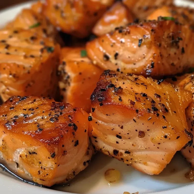 ['Close-up view of succulent Air Fryer Salmon Bites with a golden glaze.', 'Juicy salmon cubes seasoned with garlic and lemon in a bowl.', 'Side view of Air Fryer Salmon Bites garnished with herbs and lemon.', 'Delicious pieces of salmon cooked in an air fryer, glistening with butter.']