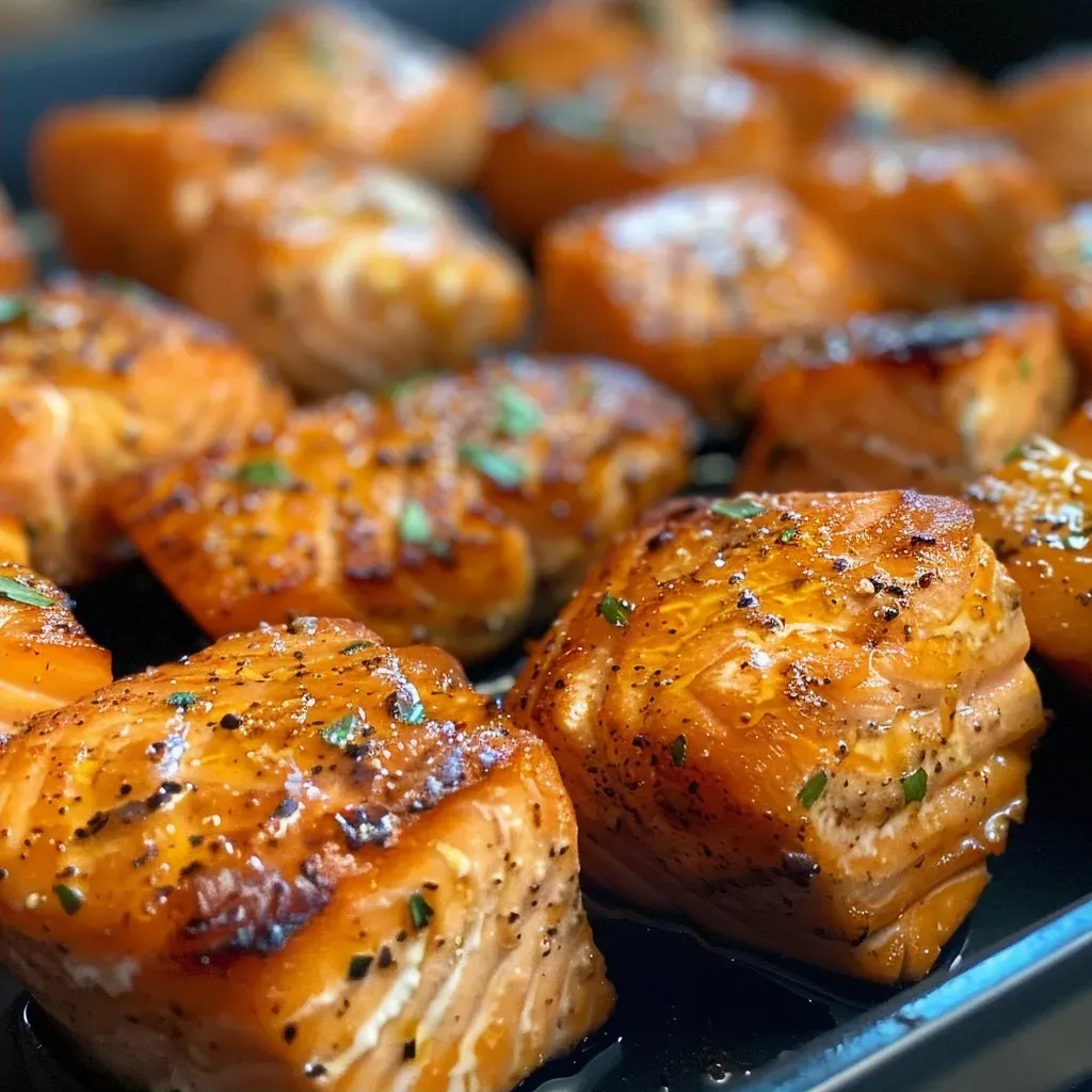 ['Close-up view of succulent Air Fryer Salmon Bites with a golden glaze.', 'Juicy salmon cubes seasoned with garlic and lemon in a bowl.', 'Side view of Air Fryer Salmon Bites garnished with herbs and lemon.', 'Delicious pieces of salmon cooked in an air fryer, glistening with butter.']