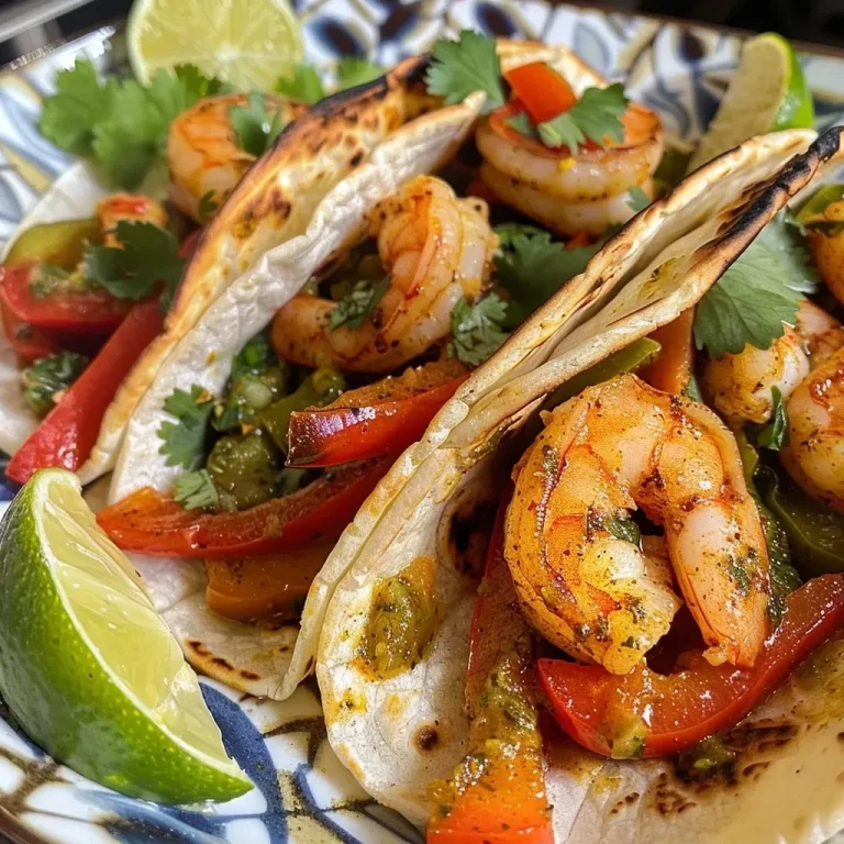 ['A side view of juicy air fryer shrimp fajita tacos with colorful bell peppers and onions.', 'Close-up of shrimp fajita tacos garnished with cilantro and lime slices on a plate.', 'Mini tacos filled with shrimp, bell peppers, and drizzled with avocado sauce, displayed appetizingly.', 'Delicious air fryer shrimp fajita tacos served with avocado cilantro sauce and lime wedges.']