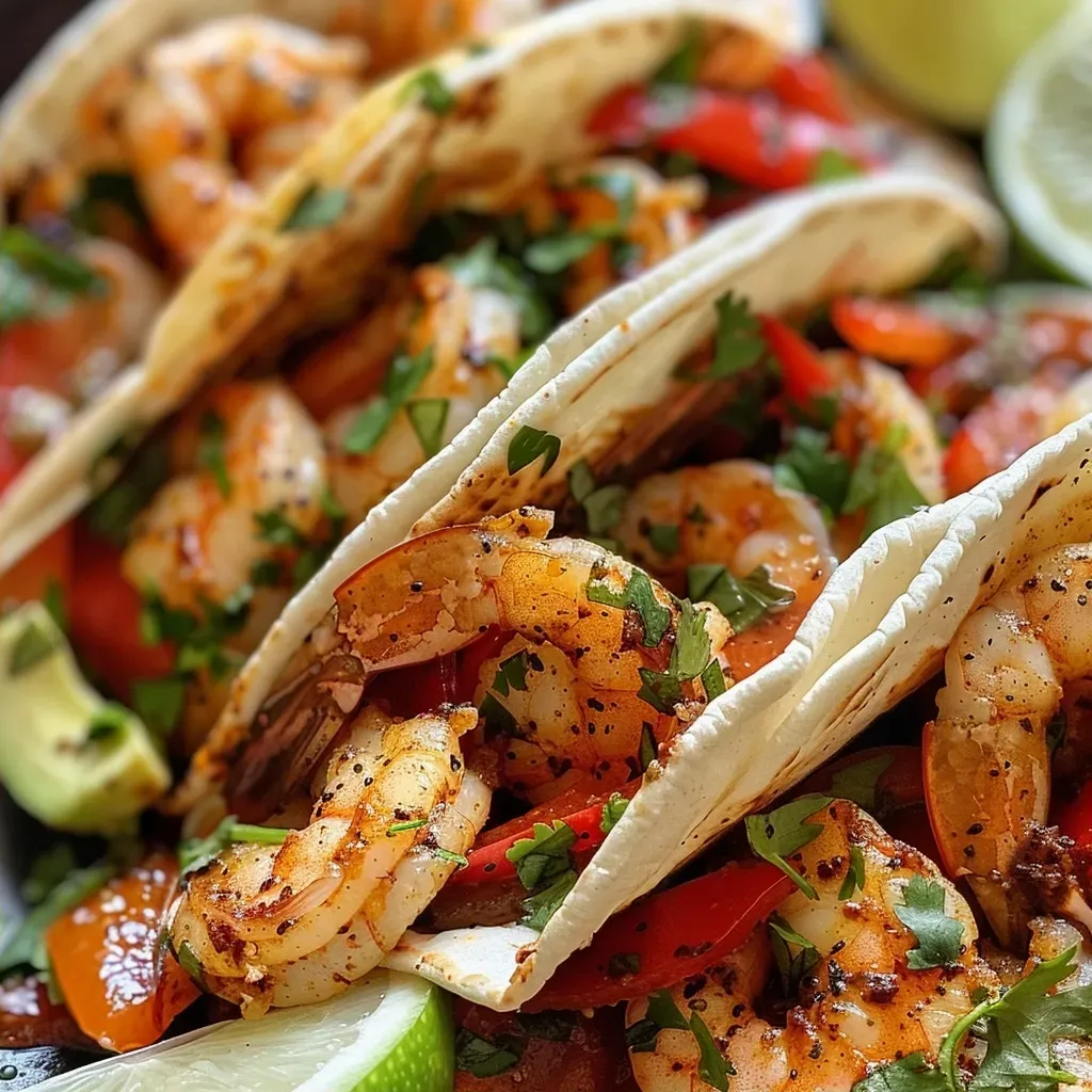 ['A side view of juicy air fryer shrimp fajita tacos with colorful bell peppers and onions.', 'Close-up of shrimp fajita tacos garnished with cilantro and lime slices on a plate.', 'Mini tacos filled with shrimp, bell peppers, and drizzled with avocado sauce, displayed appetizingly.', 'Delicious air fryer shrimp fajita tacos served with avocado cilantro sauce and lime wedges.']