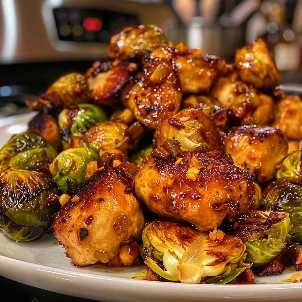 ['Close-up view of juicy Air Fryer Sweet Chili Chicken with Brussels sprouts.', 'Side view of cooked Sweet Chili Chicken and Brussels sprouts, vibrant colors and textures.', 'Delicious chicken pieces glazed in sweet chili sauce with halved Brussels sprouts.', 'A dish featuring Air Fryer Sweet Chili Chicken surrounded by roasted Brussels sprouts.']