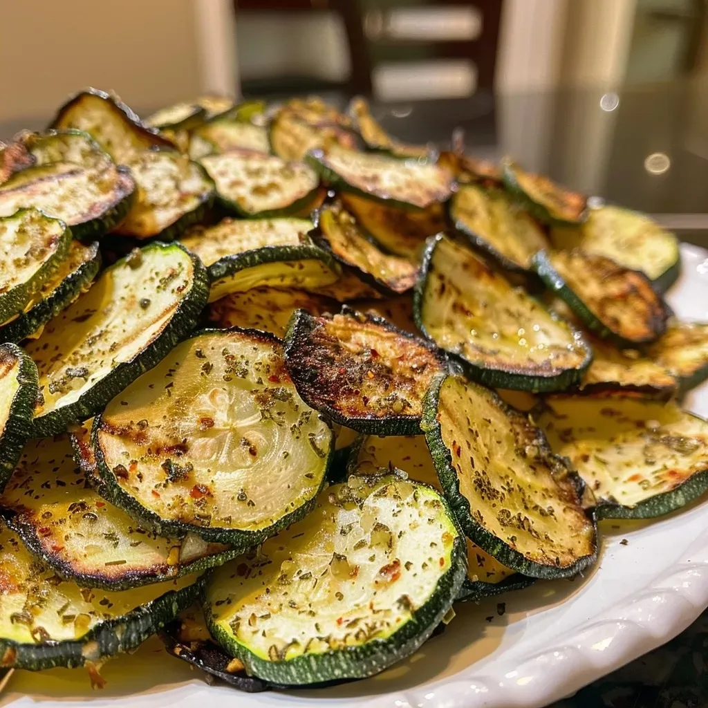 ['Close-up of crispy air fryer zucchini chips arranged on a plate.', 'Side view of golden-brown zucchini chips with a sprinkle of seasoning.', 'Juicy zucchini chips in a bowl, showcasing their crunchy texture.', 'Freshly made air fryer zucchini chips glistening with olive oil and spices.']