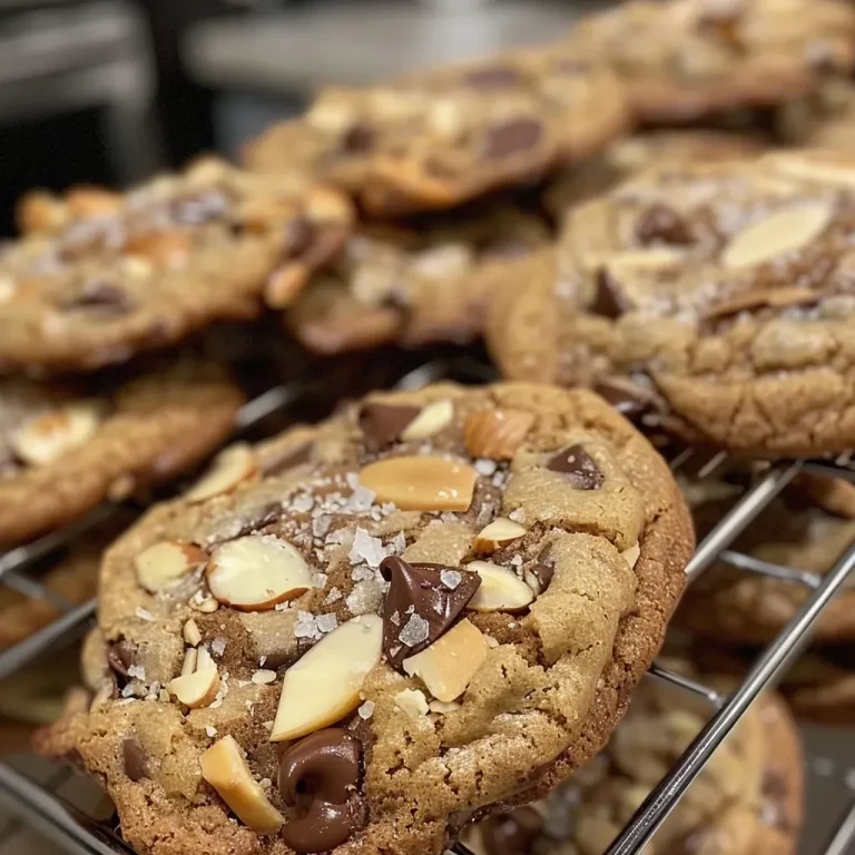 ['A close-up side view of a stack of almond chocolate cookies featuring chocolate chips and almond slices.', 'Deliciously baked almond chocolate cookies with a golden-brown exterior and visible chocolate chips and almonds.', 'Juicy almond chocolate cookies displayed on a wooden surface, highlighting their texture and ingredients.', 'Freshly baked cookies with a rich chocolate and almond topping, showcasing their appealing appearance.']