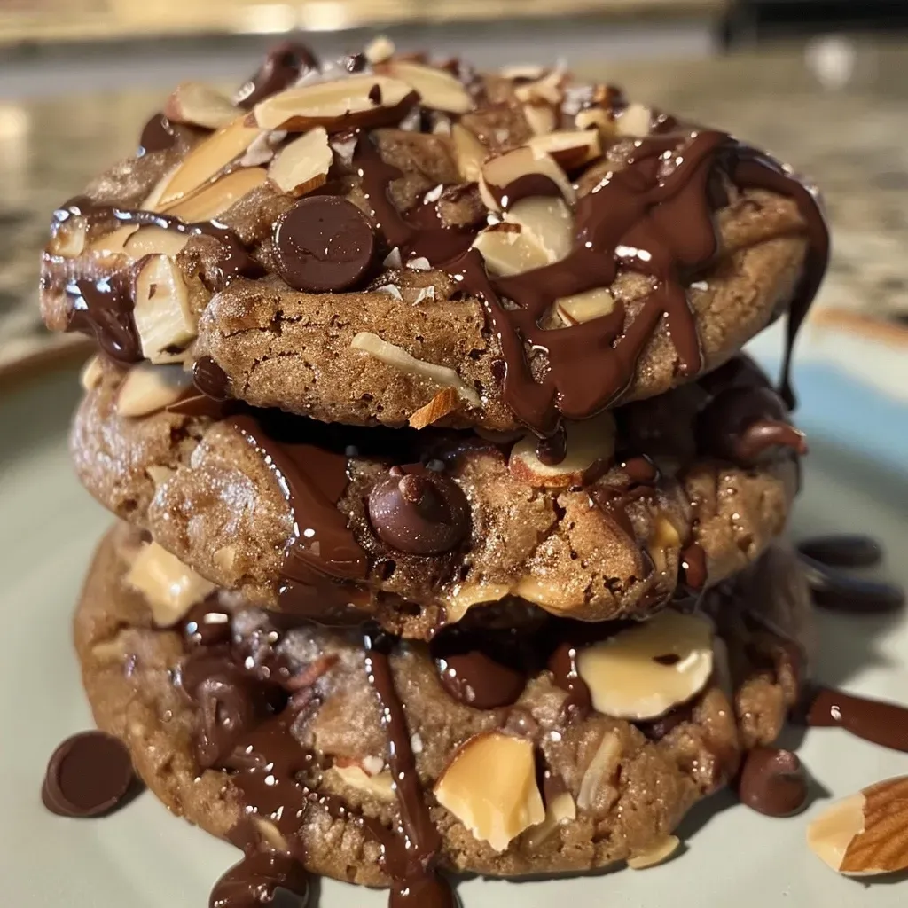 ['A close-up side view of a stack of almond chocolate cookies featuring chocolate chips and almond slices.', 'Deliciously baked almond chocolate cookies with a golden-brown exterior and visible chocolate chips and almonds.', 'Juicy almond chocolate cookies displayed on a wooden surface, highlighting their texture and ingredients.', 'Freshly baked cookies with a rich chocolate and almond topping, showcasing their appealing appearance.']