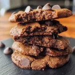 ['Close-up of almond flour chocolate cookies with chocolate chips.', 'Side view of a stack of golden-brown almond flour chocolate cookies.', 'Juicy almond flour chocolate cookies showing melted chocolate chips.', 'Delicious chocolate cookies made with almond flour, displayed enticingly.']