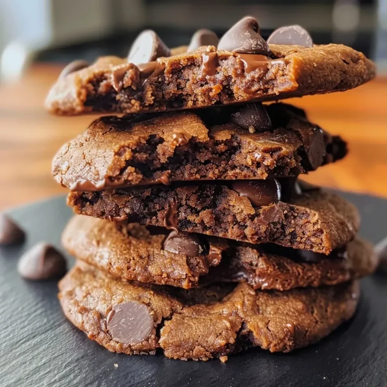 ['Close-up of almond flour chocolate cookies with chocolate chips.', 'Side view of a stack of golden-brown almond flour chocolate cookies.', 'Juicy almond flour chocolate cookies showing melted chocolate chips.', 'Delicious chocolate cookies made with almond flour, displayed enticingly.']
