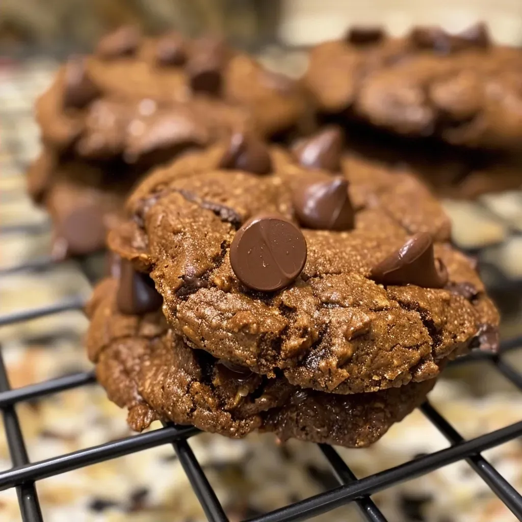 ['Close-up of almond flour chocolate cookies with chocolate chips.', 'Side view of a stack of golden-brown almond flour chocolate cookies.', 'Juicy almond flour chocolate cookies showing melted chocolate chips.', 'Delicious chocolate cookies made with almond flour, displayed enticingly.']