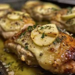 ['Juicy chicken breast stuffed with apple and brie, garnished with thyme.', 'Close-up side view of a baked chicken breast filled with apple slices and brie.', 'Succulent chicken breast showcasing apple and brie filling, decorated with fresh herbs.', 'Golden-brown chicken breast with visible apple and brie stuffing, placed on a plate.']