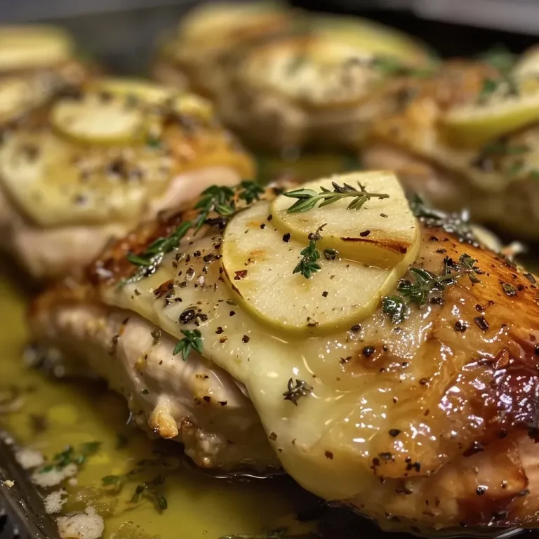 ['Juicy chicken breast stuffed with apple and brie, garnished with thyme.', 'Close-up side view of a baked chicken breast filled with apple slices and brie.', 'Succulent chicken breast showcasing apple and brie filling, decorated with fresh herbs.', 'Golden-brown chicken breast with visible apple and brie stuffing, placed on a plate.']