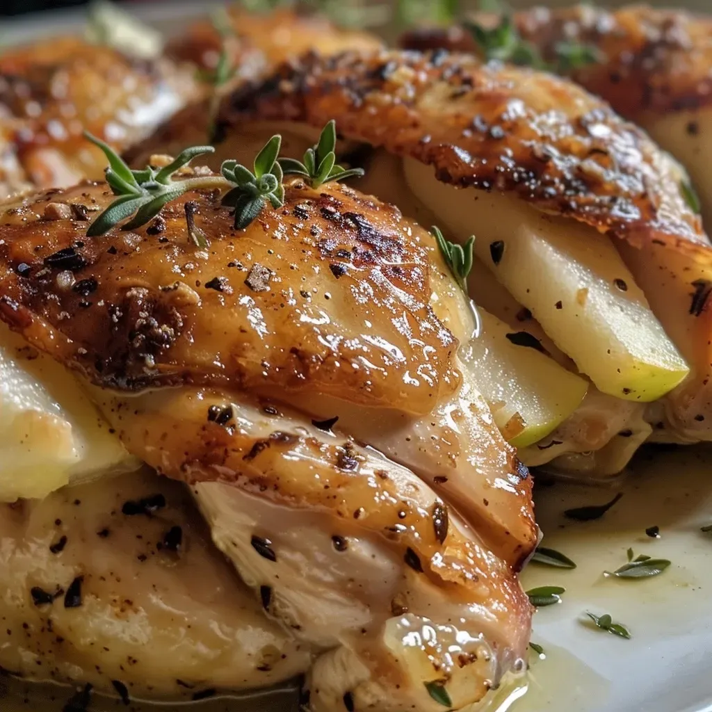 ['Juicy chicken breast stuffed with apple and brie, garnished with thyme.', 'Close-up side view of a baked chicken breast filled with apple slices and brie.', 'Succulent chicken breast showcasing apple and brie filling, decorated with fresh herbs.', 'Golden-brown chicken breast with visible apple and brie stuffing, placed on a plate.']