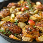 ['Close-up of a juicy Apple Chicken Skillet with sliced apples and chicken pieces.', 'Side view of a skillet filled with Apple Chicken, featuring apple slices and herbs.', 'Pan of cooked chicken and apples garnished with thyme, showing a hearty meal.', 'Delicious Apple Chicken Skillet with a golden-brown chicken and bright apple slices.']