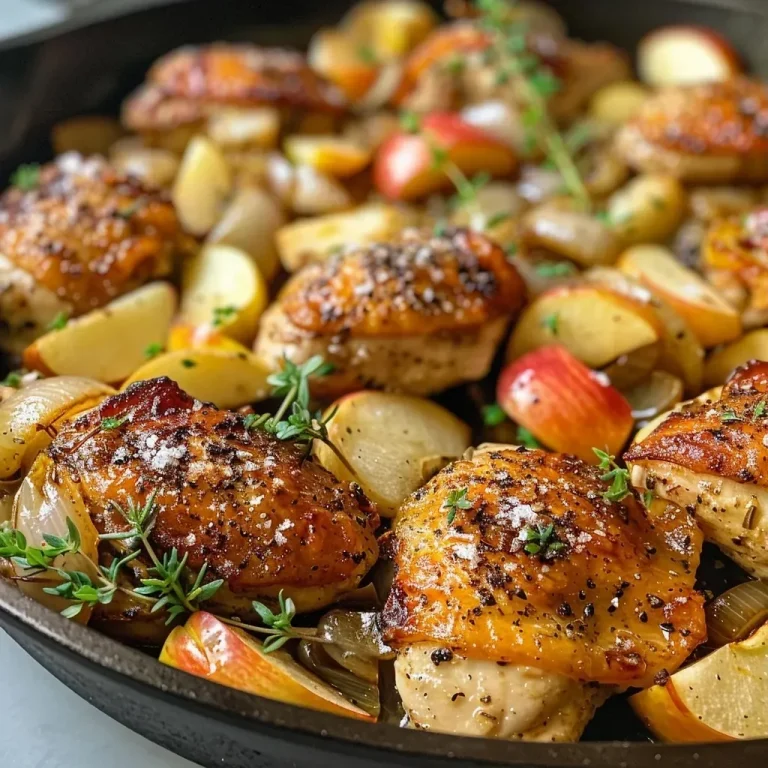 ['Close-up of a juicy Apple Chicken Skillet with sliced apples and chicken pieces.', 'Side view of a skillet filled with Apple Chicken, featuring apple slices and herbs.', 'Pan of cooked chicken and apples garnished with thyme, showing a hearty meal.', 'Delicious Apple Chicken Skillet with a golden-brown chicken and bright apple slices.']