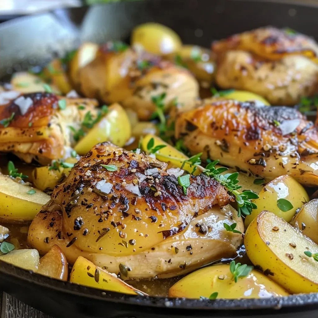 ['Close-up of a juicy Apple Chicken Skillet with sliced apples and chicken pieces.', 'Side view of a skillet filled with Apple Chicken, featuring apple slices and herbs.', 'Pan of cooked chicken and apples garnished with thyme, showing a hearty meal.', 'Delicious Apple Chicken Skillet with a golden-brown chicken and bright apple slices.']