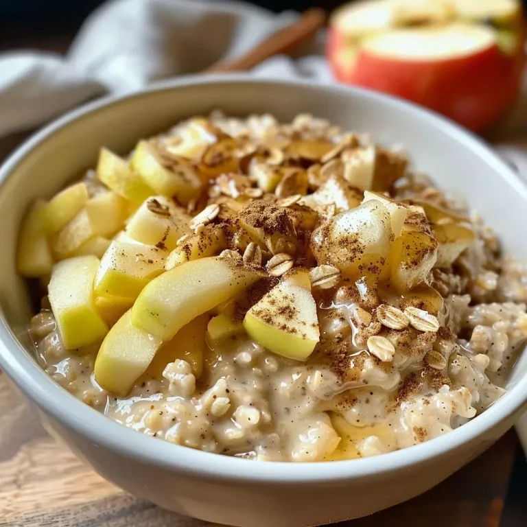 ['Close-up side view of creamy Apple Cinnamon Overnight Oats topped with sliced almonds and cinnamon apples.', 'A vibrant bowl of Apple Cinnamon Overnight Oats featuring diced apples and a sprinkle of cinnamon.', 'Delicious Apple Cinnamon Overnight Oats in a glass jar, showcasing layers of oats, yogurt, and apple slices.', 'Side view of Apple Cinnamon Overnight Oats displaying rich textures and toppings of almonds and cinnamon apples.']