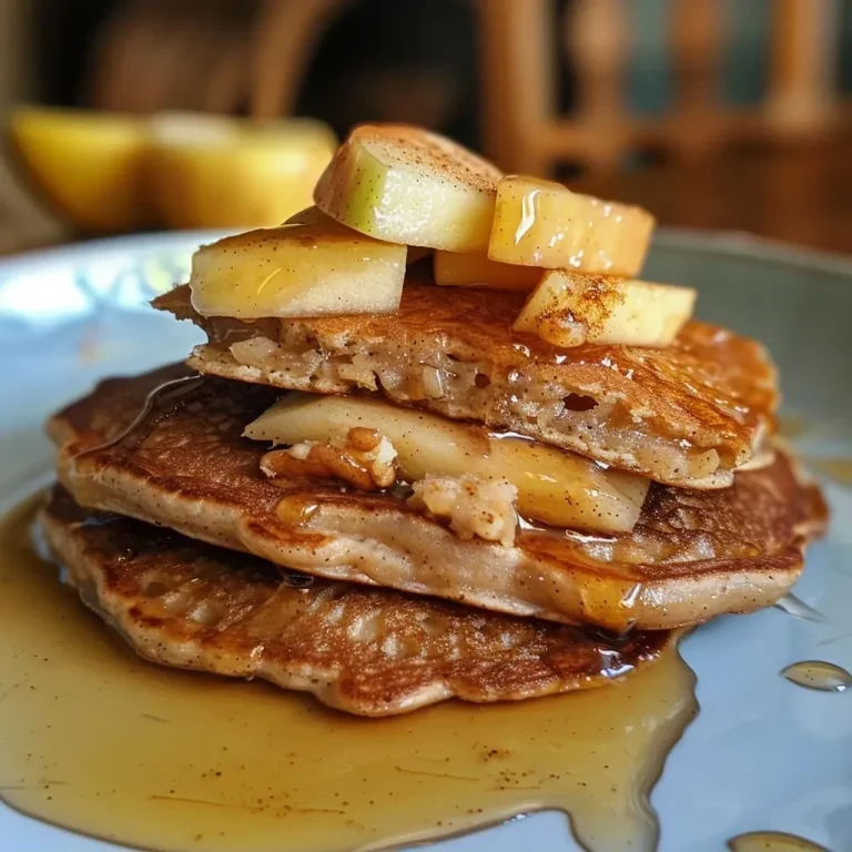 ['Close-up view of stacked Apple Cinnamon Protein Pancakes on a plate.', 'Side view of a fluffy stack of pancakes with apple and cinnamon toppings.', 'Appetizing image of protein pancakes garnished with diced apples and cinnamon.', 'Delicious Apple Cinnamon Protein Pancakes served on a wooden table.']