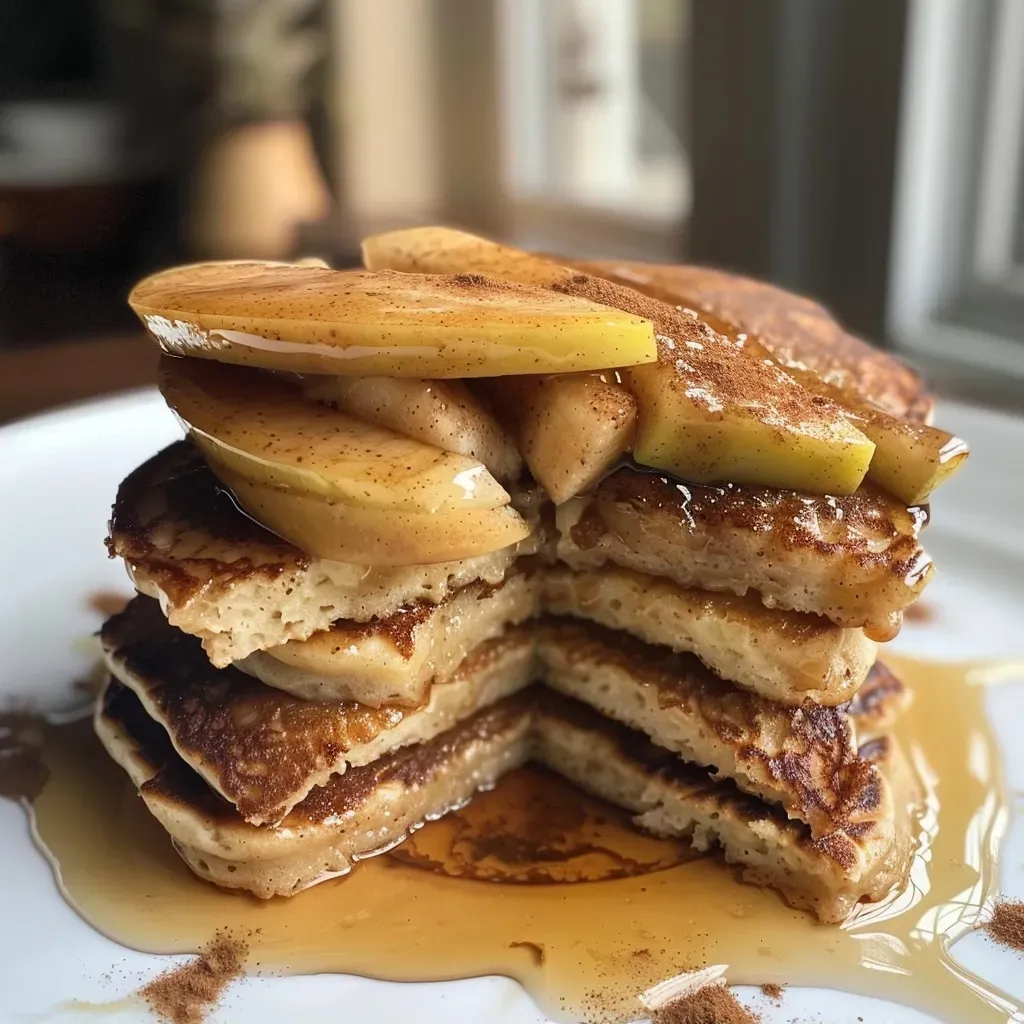 ['Close-up view of stacked Apple Cinnamon Protein Pancakes on a plate.', 'Side view of a fluffy stack of pancakes with apple and cinnamon toppings.', 'Appetizing image of protein pancakes garnished with diced apples and cinnamon.', 'Delicious Apple Cinnamon Protein Pancakes served on a wooden table.']
