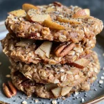 ['A close-up side view of apple pie protein cookies with visible oats and diced apples.', 'Juicy apple pie protein cookies showcasing a golden-brown color and sprinkled nuts.', 'Deliciously baked apple pie protein cookies featuring a texture of oats and spices.', 'Side view of freshly made apple pie protein cookies with hints of cinnamon and chia seeds.']