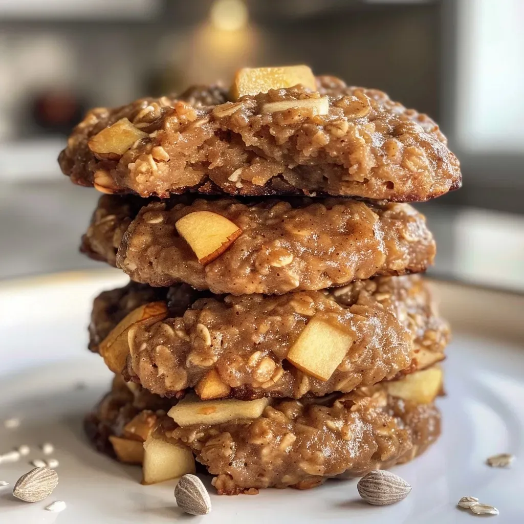 ['A close-up side view of apple pie protein cookies with visible oats and diced apples.', 'Juicy apple pie protein cookies showcasing a golden-brown color and sprinkled nuts.', 'Deliciously baked apple pie protein cookies featuring a texture of oats and spices.', 'Side view of freshly made apple pie protein cookies with hints of cinnamon and chia seeds.']