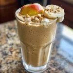 ['Close-up view of a creamy apple smoothie in a glass, garnished with apple slices.', 'Side view of a delicious apple smoothie, showcasing its thick texture and vibrant color.', 'Detailed shot of an apple smoothie with ingredients visible beside the glass, including apples and a banana.', 'Juicy apple smoothie in a glass with a straw, surrounded by fresh apples and banana.']