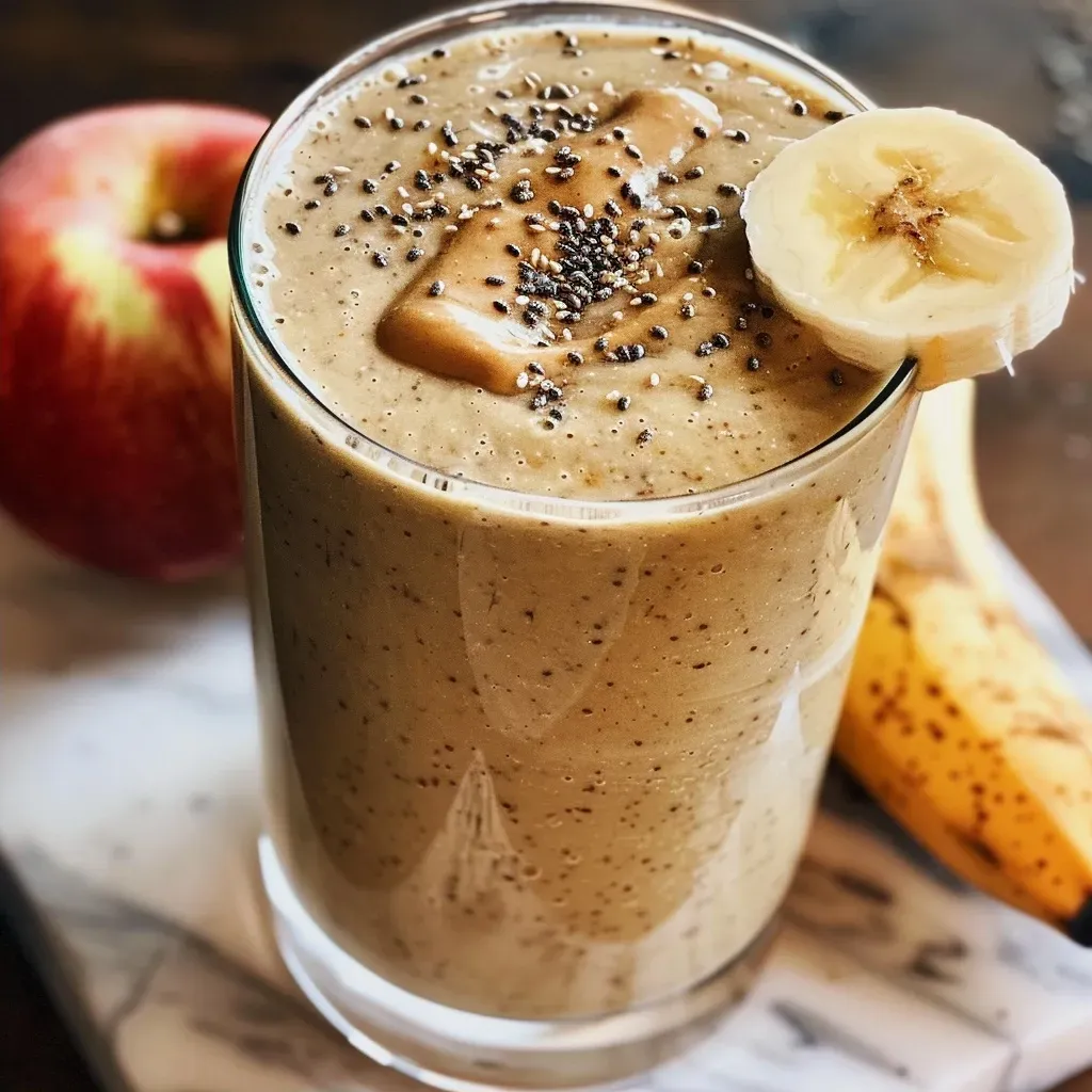 ['Close-up view of a creamy apple smoothie in a glass, garnished with apple slices.', 'Side view of a delicious apple smoothie, showcasing its thick texture and vibrant color.', 'Detailed shot of an apple smoothie with ingredients visible beside the glass, including apples and a banana.', 'Juicy apple smoothie in a glass with a straw, surrounded by fresh apples and banana.']