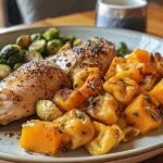 ['A close-up view of a delicious autumn chicken dinner with roasted vegetables.', 'Juicy chicken thighs alongside vibrant roasted Brussels sprouts and butternut squash.', 'A colorful plate featuring cheese tortellini, chicken, and seasonal vegetables.', 'An appetizing autumn meal showcasing tender chicken and a medley of roasted veggies.']