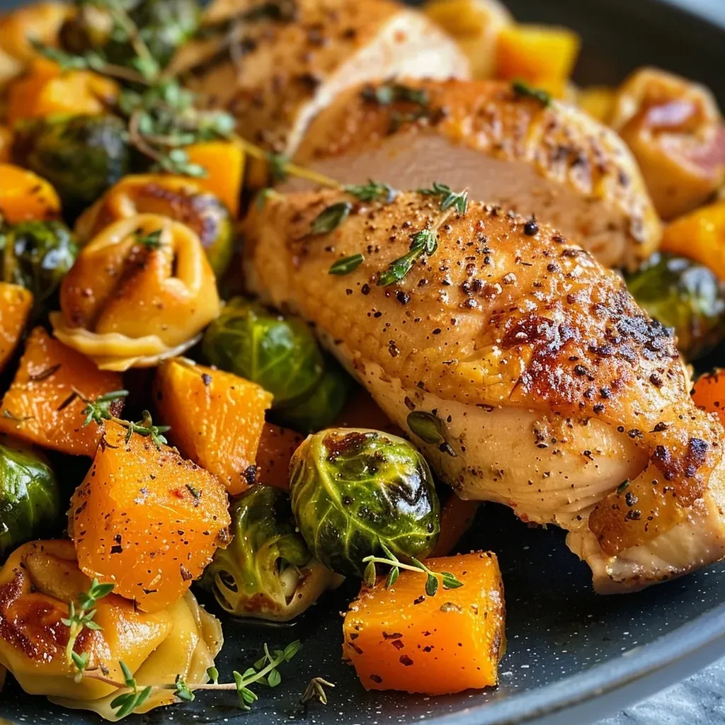 ['A close-up view of a delicious autumn chicken dinner with roasted vegetables.', 'Juicy chicken thighs alongside vibrant roasted Brussels sprouts and butternut squash.', 'A colorful plate featuring cheese tortellini, chicken, and seasonal vegetables.', 'An appetizing autumn meal showcasing tender chicken and a medley of roasted veggies.']
