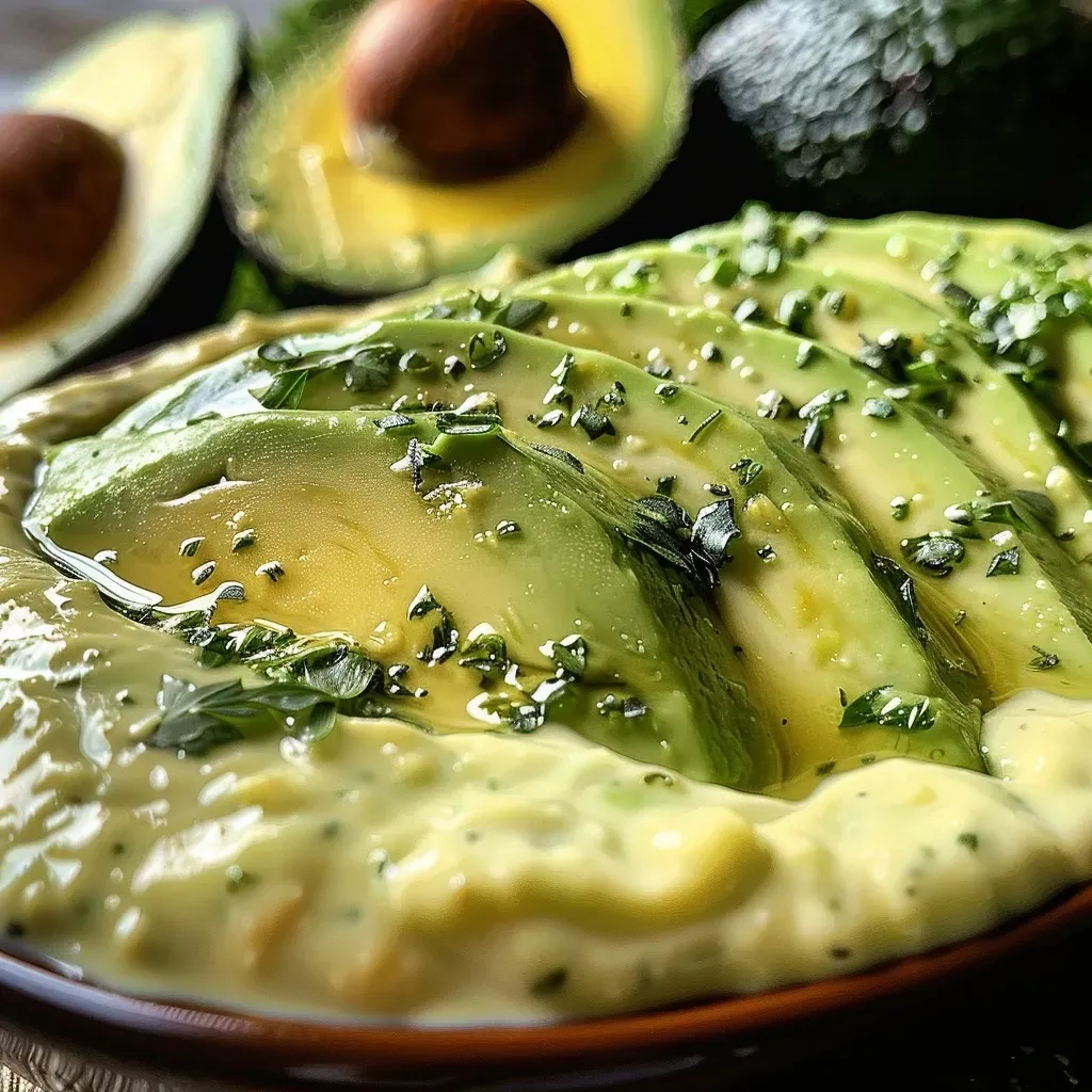 ['Close-up view of green avocado dip in a bowl with a creamy texture.', 'Side view of avocado Greek yogurt ranch dip garnished with herbs.', 'Rich green dip made from avocado and Greek yogurt displayed in a white bowl.', 'Creamy avocado ranch dip with a smooth consistency on a wooden table.']