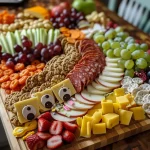 ['A colorful Back to School Charcuterie spread featuring various cheeses, fruits, and snacks arranged on a platter.', 'An appetizing display of kid-friendly snacks including cheese slices, fruits, and cookies ready for back-to-school lunches.', 'A vibrant close-up of a charcuterie board for kids with cheeses, fruits, and treats designed for back-to-school.', 'An enticing array of snacks for children, including Babybel cheese, grapes, and cookies set for a school-themed meal.']