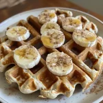 ['Close-up of golden brown banana oat waffles topped with chocolate chips and pecans.', 'Side view of fluffy banana oat waffles drizzled with maple syrup and sprinkled with nuts.', 'Appetizing banana oat waffles on a plate, featuring a soft texture and a rich topping of chocolate.', 'Delicious banana oat waffles with visible chunks of banana and chocolate, ready to be served.']
