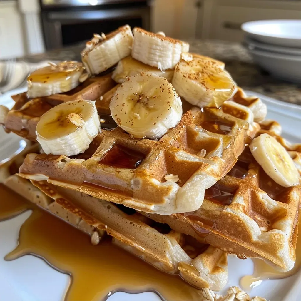['Close-up of golden brown banana oat waffles topped with chocolate chips and pecans.', 'Side view of fluffy banana oat waffles drizzled with maple syrup and sprinkled with nuts.', 'Appetizing banana oat waffles on a plate, featuring a soft texture and a rich topping of chocolate.', 'Delicious banana oat waffles with visible chunks of banana and chocolate, ready to be served.']