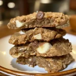 ['A close-up side view of freshly baked banana oatmeal cookies with chocolate chips.', 'Delicious banana oatmeal cookies displayed on a wooden surface, showing a golden exterior.', 'Close-up of soft and chewy banana oatmeal cookies, packed with chocolate chips.', 'A vibrant image of banana oatmeal cookies, highlighting their gooey texture and rich color.']