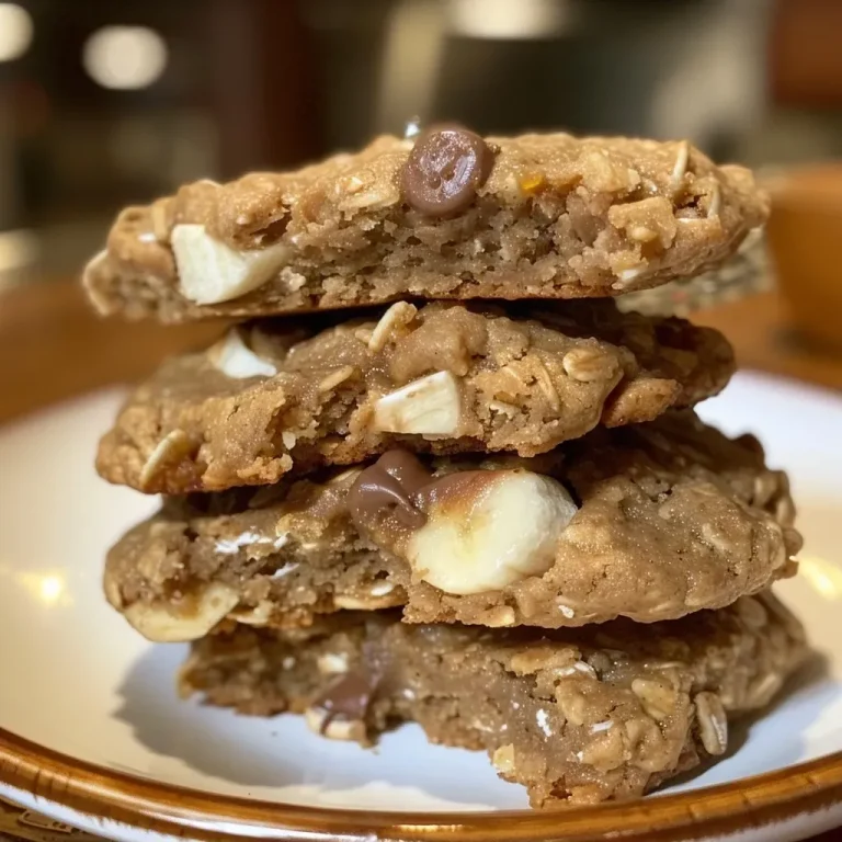 ['A close-up side view of freshly baked banana oatmeal cookies with chocolate chips.', 'Delicious banana oatmeal cookies displayed on a wooden surface, showing a golden exterior.', 'Close-up of soft and chewy banana oatmeal cookies, packed with chocolate chips.', 'A vibrant image of banana oatmeal cookies, highlighting their gooey texture and rich color.']