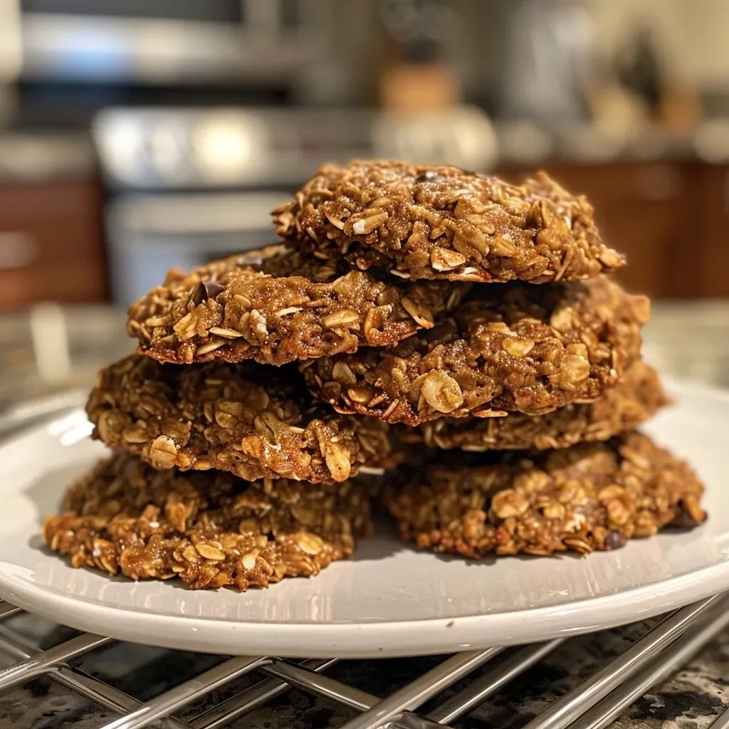 ['A close-up side view of freshly baked banana oatmeal cookies with chocolate chips.', 'Delicious banana oatmeal cookies displayed on a wooden surface, showing a golden exterior.', 'Close-up of soft and chewy banana oatmeal cookies, packed with chocolate chips.', 'A vibrant image of banana oatmeal cookies, highlighting their gooey texture and rich color.']