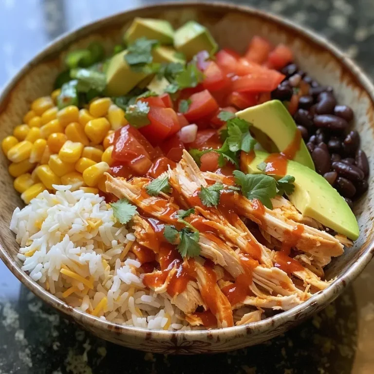 ['Close up of a BBQ Chicken Bowl with ranch drizzle and colorful ingredients.', 'Side view of a BBQ Chicken Bowl featuring juicy chicken, rice, and fresh toppings.', 'A vibrant BBQ Chicken Bowl showcasing shredded chicken, corn, beans, and avocado.', 'Detailed view of a BBQ Chicken Bowl layered with BBQ sauce, cheese, and ranch dressing.']