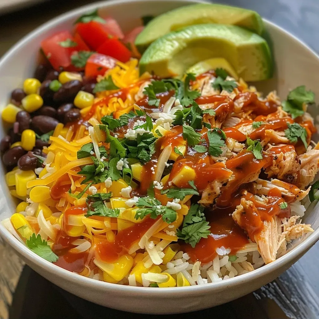 ['Close up of a BBQ Chicken Bowl with ranch drizzle and colorful ingredients.', 'Side view of a BBQ Chicken Bowl featuring juicy chicken, rice, and fresh toppings.', 'A vibrant BBQ Chicken Bowl showcasing shredded chicken, corn, beans, and avocado.', 'Detailed view of a BBQ Chicken Bowl layered with BBQ sauce, cheese, and ranch dressing.']