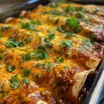 ['Close-up view of Beefy Cottage Cheese Enchiladas garnished with cheese and sauce.', 'Side angle of juicy Beefy Cottage Cheese Enchiladas with melted cheese on top.', 'Delicious Beefy Cottage Cheese Enchiladas served on a plate, showcasing layers of filling.', 'Close-up shot of enchiladas filled with ground beef and cottage cheese, topped with enchilada sauce.']