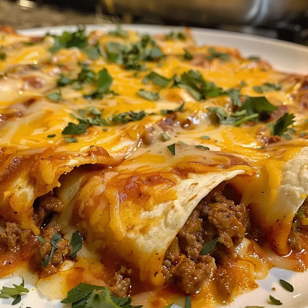 ['Close-up view of Beefy Cottage Cheese Enchiladas garnished with cheese and sauce.', 'Side angle of juicy Beefy Cottage Cheese Enchiladas with melted cheese on top.', 'Delicious Beefy Cottage Cheese Enchiladas served on a plate, showcasing layers of filling.', 'Close-up shot of enchiladas filled with ground beef and cottage cheese, topped with enchilada sauce.']