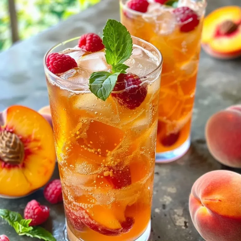['Close-up of a glass of Bellini Peach Raspberry Iced Tea with ice and fresh fruit.', 'Side view of a refreshing peach raspberry iced tea in a clear glass with ice cubes.', 'Vibrant iced tea with peach and raspberry, garnished with fresh fruit and ice.', 'A refreshing blend of peach and raspberry iced tea served in a chilled glass.']