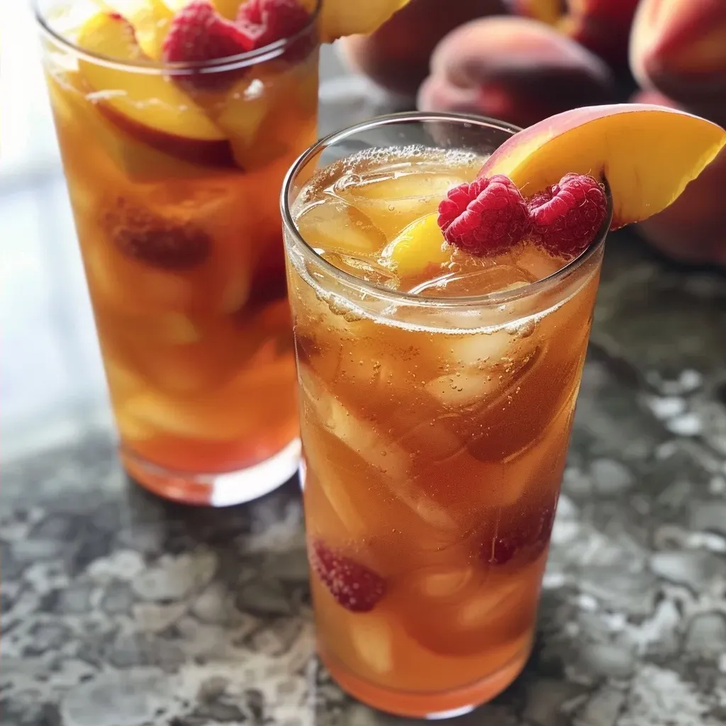 ['Close-up of a glass of Bellini Peach Raspberry Iced Tea with ice and fresh fruit.', 'Side view of a refreshing peach raspberry iced tea in a clear glass with ice cubes.', 'Vibrant iced tea with peach and raspberry, garnished with fresh fruit and ice.', 'A refreshing blend of peach and raspberry iced tea served in a chilled glass.']