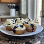 ['Close-up side view of a muffin with blueberries and cottage cheese.', 'Juicy Blueberry Cottage Cheese Muffins displayed on a white plate.', 'Muffin showcasing plump blueberries and a golden-brown crust.', 'Delicious cottage cheese muffin with visible blueberry bits.']