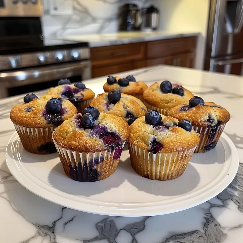 ['Close-up side view of a muffin with blueberries and cottage cheese.', 'Juicy Blueberry Cottage Cheese Muffins displayed on a white plate.', 'Muffin showcasing plump blueberries and a golden-brown crust.', 'Delicious cottage cheese muffin with visible blueberry bits.']