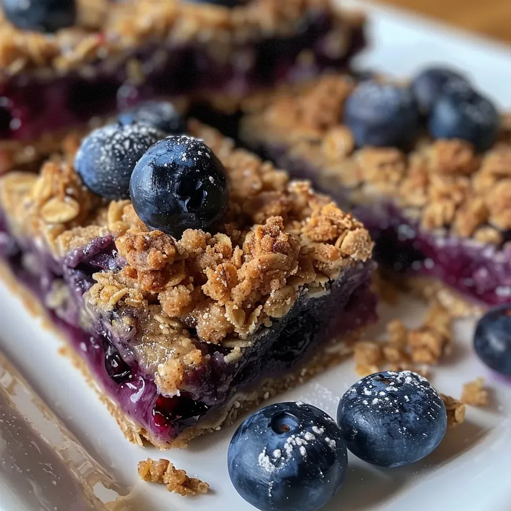 ['Close-up of a Blueberry Crumble Protein Bar with visible blueberry chunks and a crumbly top.', 'Side view of a Blueberry Crumble Protein Bar showing its texture and layers of oats and blueberries.', 'Freshly baked Blueberry Crumble Protein Bar highlighting its moist interior and golden crust.', 'Appetizing view of Blueberry Crumble Protein Bars stacked on a wooden cutting board.']