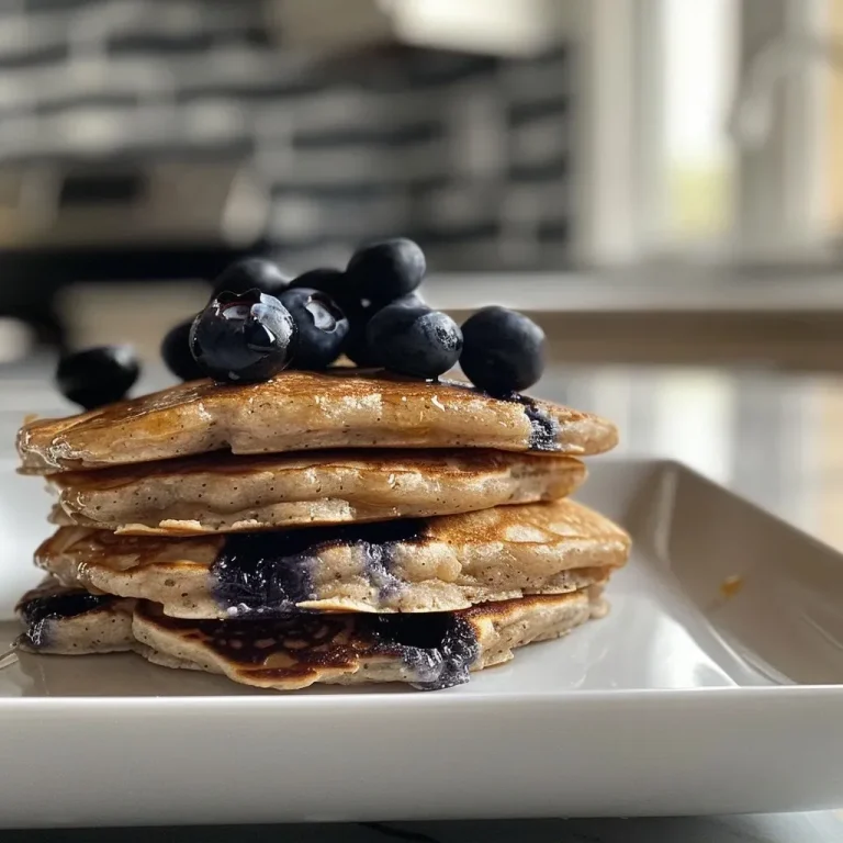 ['Close-up of a stack of golden-brown blueberry oat pancakes with fresh blueberries on top.', 'Side view of fluffy blueberry oat pancakes, drizzled with syrup and garnished with blueberries.', 'Delicious blueberry oat pancakes served on a white plate, showcasing their texture and color.', 'Juicy blueberry oat pancakes complemented by fresh fruit and a hint of syrup.']