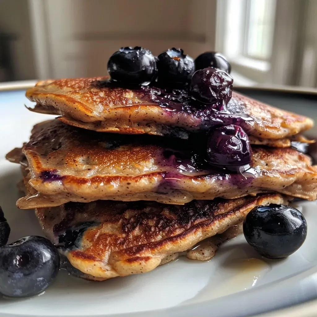 ['Close-up of a stack of golden-brown blueberry oat pancakes with fresh blueberries on top.', 'Side view of fluffy blueberry oat pancakes, drizzled with syrup and garnished with blueberries.', 'Delicious blueberry oat pancakes served on a white plate, showcasing their texture and color.', 'Juicy blueberry oat pancakes complemented by fresh fruit and a hint of syrup.']